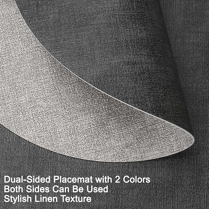 Myir JUN Reversible Vinyl Round Placemats Set of 8, Faux Leather Place Mats Dual Sided Waterproof Oilproof Wipeable, Heat-Resistant Table Mats for Kitchen Dining Indoor Outdoor (14", Light Gray Gray)