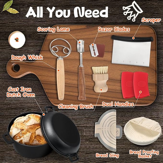 Cast Iron Dutch Oven for Bread Baking, 5 Qt Sourdough Dutch Oven with Lid, 2-in-1 Dutch Pot with Bread Baking Supplies for Camping, Frying and Braising