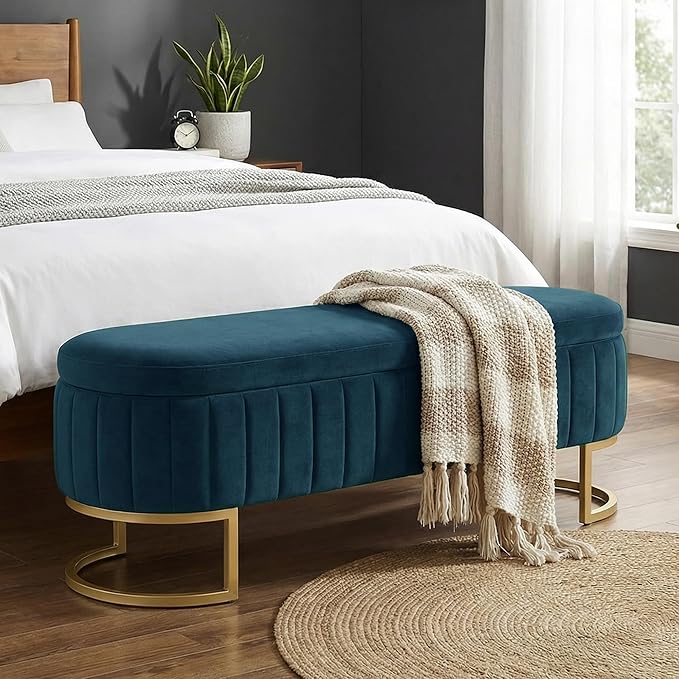 VIROL 51 Inch Storage Ottoman Bench Velvet End of Bed Storage Bench King Size Upholstered Tufted Bench Large Space for Bedroom Living Room Entryway Dark Blue