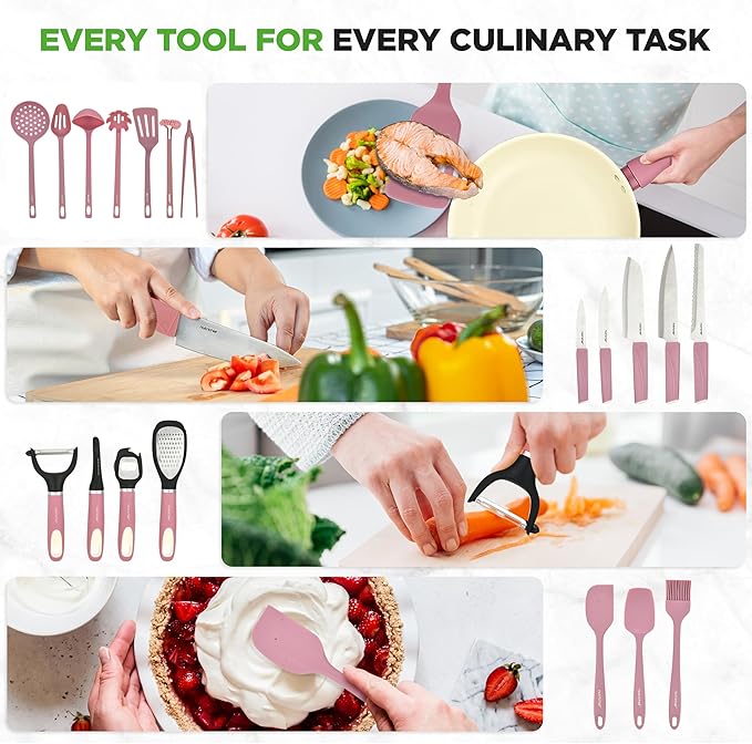 NutriChef 54-Piece Kitchen Cookware Set ??Complete Non-Stick Ceramic Pots and Pans Set with Utensils, Bakeware, and Knife Set, Gas, Electric & Induction Compatible, Blush Pink Kitchen Essentials