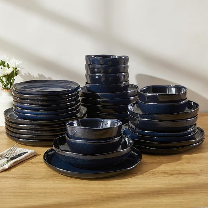 32 Piece Starry Blue Dinnerware Set with Pasta Bowls, Coastal Reactive Glaze Stoneware for 8 | Complete Serving Set for Holiday Meals, Multi?멏ish Hosting & Family Celebrations