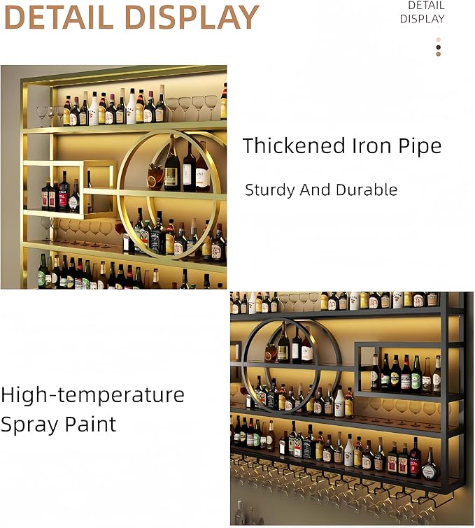 55in Modern Wine Rack Wall Mounted, Metal Wall Bar Shelves for Liquor Bottles with Glass Holder, Multifunctional Wood Bar Shelves Wall Mounted for Home Bar, Dining Room & Kitchen, Black