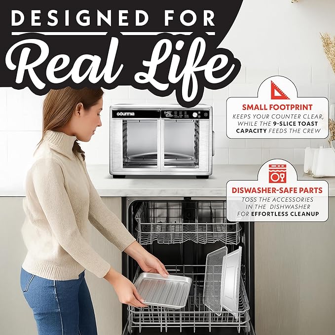 Gourmia French Door Air Fryer Oven - 37 Qt Large Capacity Convection Toaster Oven, FryForce 360°, Digital Display, 12 Cooking Presets, Dehydrate, Fits 13??Pizza, Dishwasher-Safe, Stainless Steel
