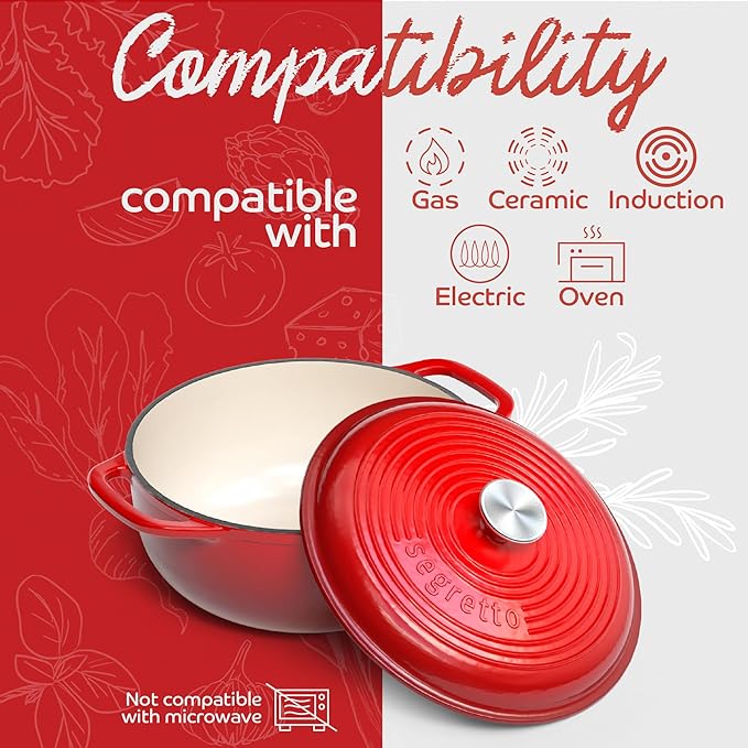 Segretto Enameled Cast Iron Dutch Oven Pot with Lid, Red, 6 Quart Sourdough Dutch Oven for Bread Baking, Braising, Roasting Safe to 500째F Durable Enamel with High Heat Retention and Moisture Lock Seal