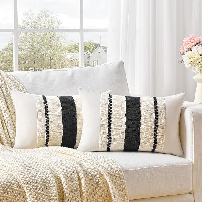 Fancy Homi Set of 2 Boho Black Lumbar Decorative Throw Pillow Cover 12x20 Inch for Couch Bed Sofa Chair, Modern Organic Farmhouse Home Decor, Soft Cotton Cute Accent Rectangle Cushion Case