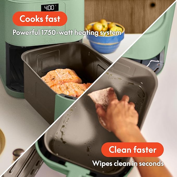 bella 6 Qt Slim Air Fryer, Fits-anywhere??Kitchenware, EverGood??Ceramic Nonstick Coating, Adjustable Temperature, 6 Preset Cooking Options, 60 Min Auto Shutoff w Audible Tone, 5lb Capacity, Seaglass