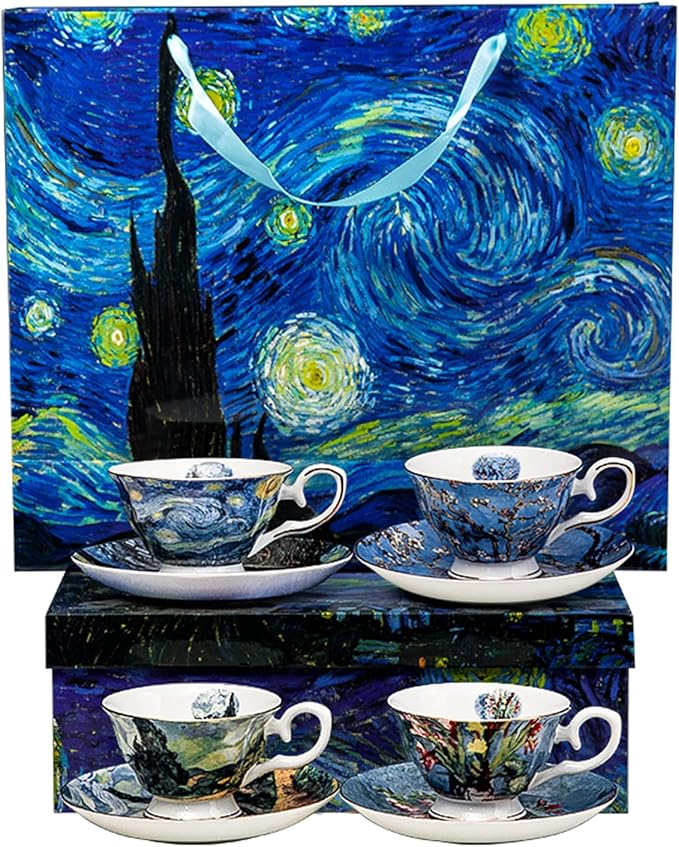 Van Gogh Bone China Set of 4 Cups and Saucers, Coffee Cup and Saucer Set With Gift Box, 7.4-Ounce Art Coffee Mugs Set - Perfect Birthday/Holiday/Wedding Gift