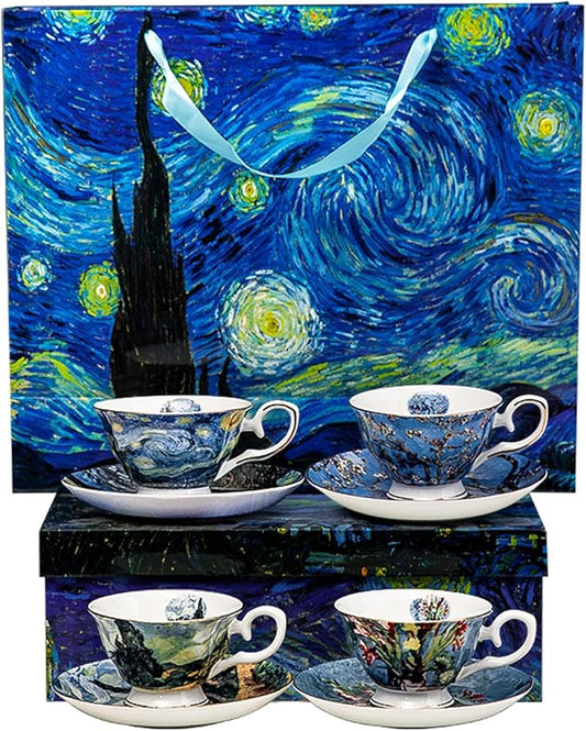 Van Gogh Bone China Set of 4 Cups and Saucers, Coffee Cup and Saucer Set With Gift Box, 7.4-Ounce Art Coffee Mugs Set - Perfect Birthday/Holiday/Wedding Gift