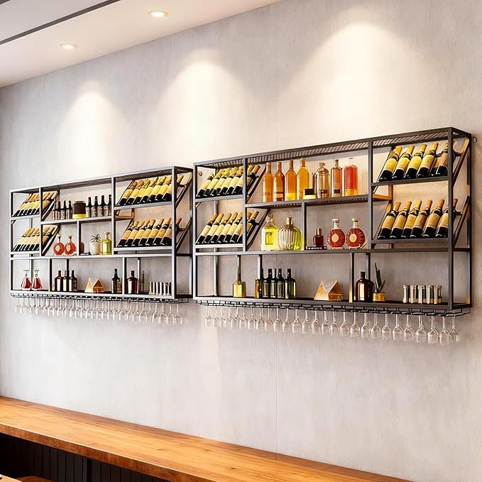 3 Tier Large Wine Rack Wall Mounted, Modern Industrial Liquor Bottle Display Shelves, Metal Bar Shelf with Wine Glass Rack, Black, for Home Kitchen, Dining and Bar