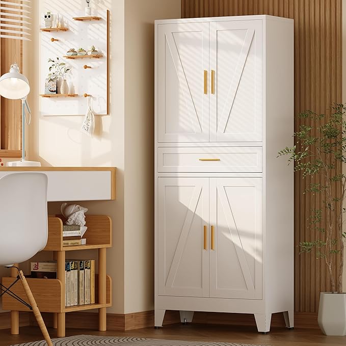 71?쏦 Metal Kitchen Pantry Cabinet with Drawers,White Kitchen Pantry Cabinets,Tall Food Storage Cabinets,Free Standing Pantry Cabinet with 4 Doors,Farmhouse Pantry Cabinets