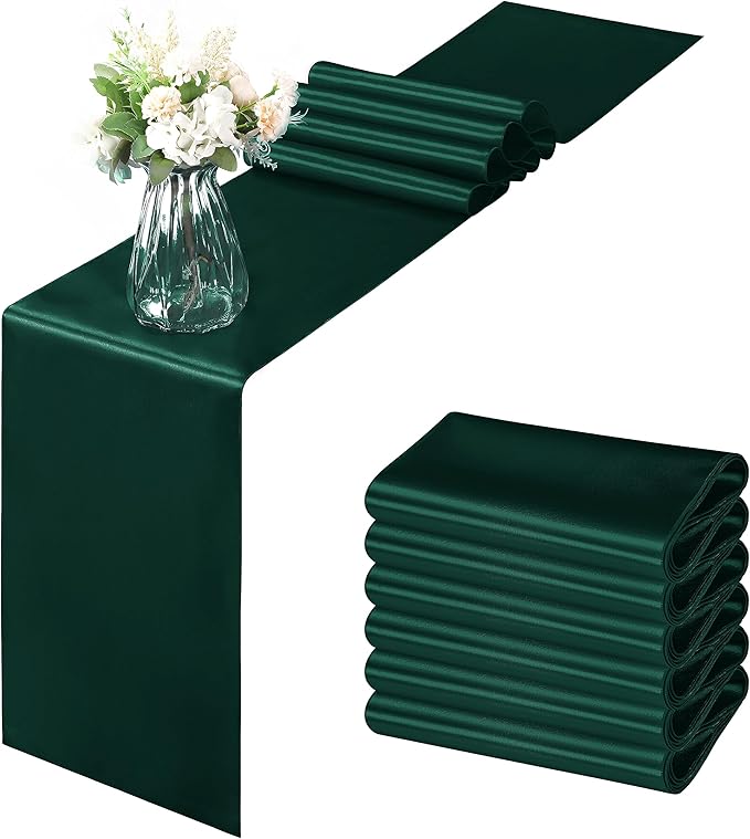 Horbaunal 6 Pack Satin Runners 12 x 72 Inch Bright Silky Smooth Satin Table Runners for Birthday Wedding Party Banquets, Forest Green
