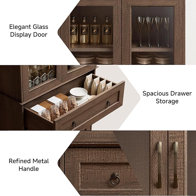 Set of 2 72" Tall Kitchen Pantry Storage Cabinets with Glass Doors and Drawer, Farmhouse Cupboards with Adjustable Shelves, Freestanding Food Pantries for Kitchen, Dining Room, Brown