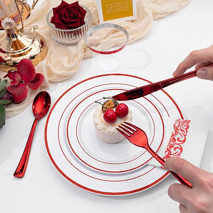 WELLIFE 700 Pcs Red Plastic Plates for 100 Guests - Plastic Dinnerware Set,Party Supplies Includes 200 Red Disposable Plates,300 Silverware,100 Napkins,100 Cups