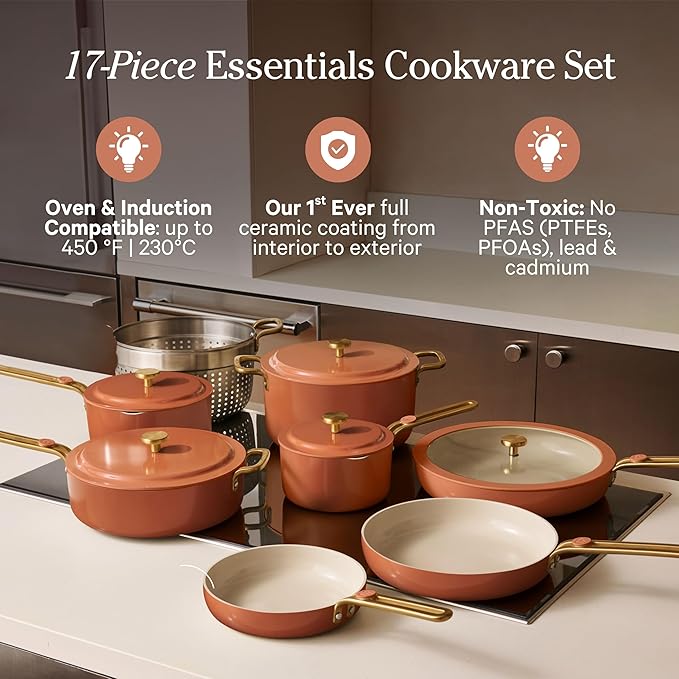 Our Place 17-Piece Essentials Complete Cookware Set - Ceramic Fry Pans, Saucepans, Saut챕 Pan, Stock Pot, Strainer Basket & Modular Storage | Thermakind??Nonstick, Oven Safe up to 450째F | Terracotta