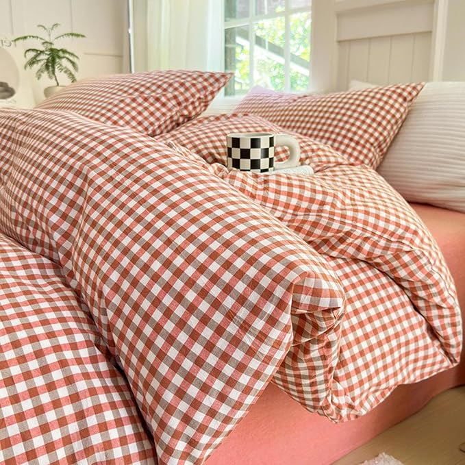 LifeTB Gingham Comforter Set King Modern Style Plaid Checkered Pattern Comforter Soft Fluffy Gingham Bedding Set Lightweight Red Orange Grid Bedding Comforter Farmhouse Checkered Comforter Set