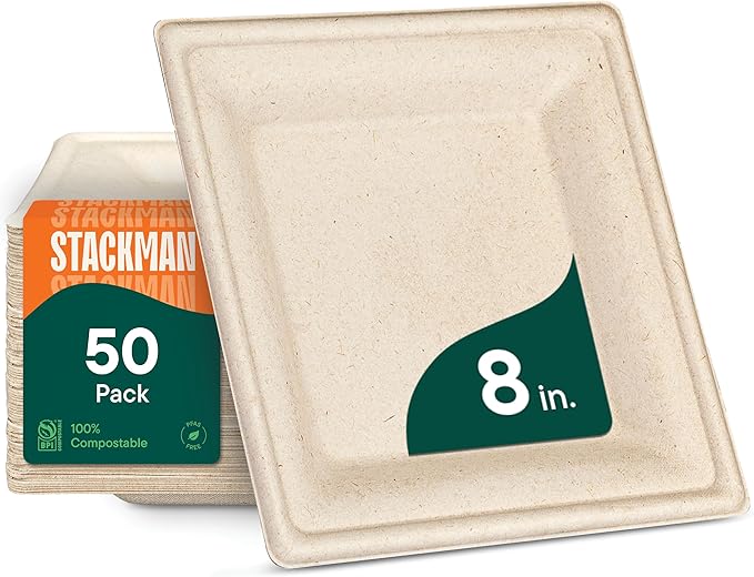 100% Compostable Square Paper Plates [50-Pack] - {PFAS-Free} - {BPI Certified} - [8 Inch] Heavy Duty, Eco-Friendly, Biodegradable Bagasse Dinner Plates - Natural Brown 8" Square Plate by Stack Man
