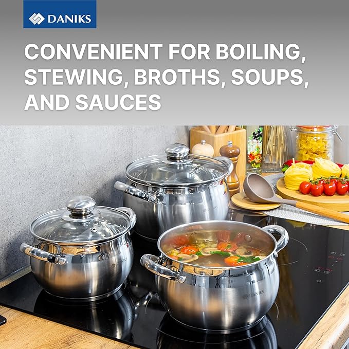 Daniks Classic 4 Quart Stainless Steel Stock Pot with Glass Lid, Tri-Ply Bottom for Even Heating, Induction Compatible, Dishwasher Safe