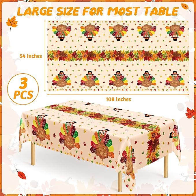 QZYL 3 Pack Thanksgiving Tablecloths, 54" x 108" Fall Disposable Table Cloth, Maple Leaves Turkey Tablecloth Rectangle Plastic Tablecover, Thanksgiving Table Decor Fall Decorations for Home