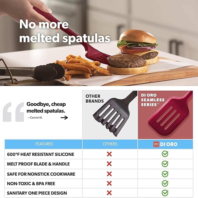 New DI ORO Seamless Series Moda 4-Piece Silicone Turner Spatula Set - 600째F Heat-Resistant Flexible Kitchen Spatulas for Nonstick Cookware - Flippers for Eggs & Pancakes - Utensils for Cooking (Red)