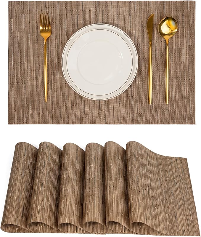 flohar Placemats Set of 6竊똍on-Slip PVC Weave Table Mats Easy to Clean竊똇eat Resistant Place Mats for Kitchen Dining Table Decoration Indoor Outdoor竊똋ight Brown