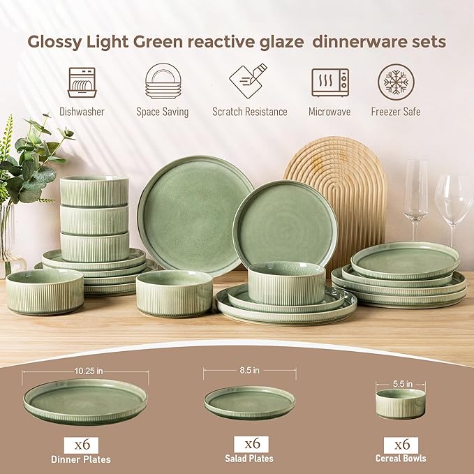 GBHOME Stoneware Dinnerware Sets for 6,Round Reactive Glaze Ceramic Plates and Bowls Set,Highly Scratch Resistant | Dishwasher & Microwave Safe Dishes Set,Service for 6(18Pcs)竊똋ight Green
