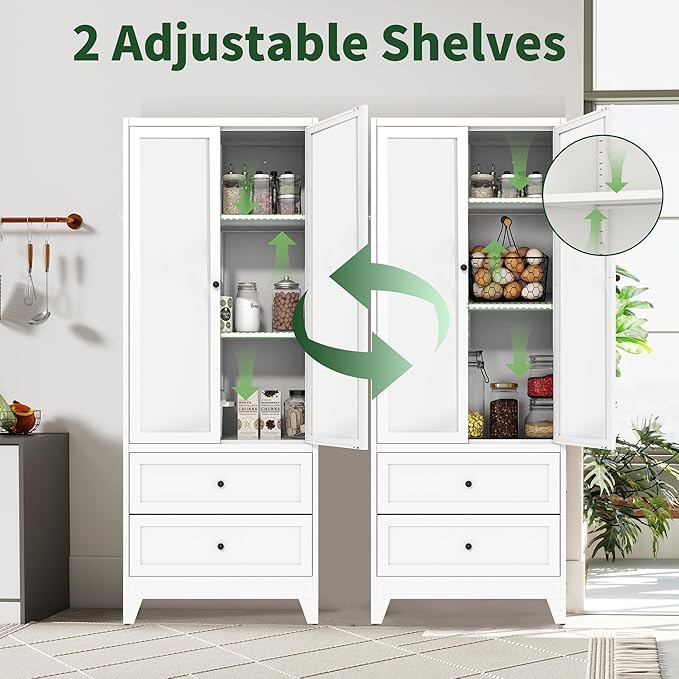 72" Tall Kitchen Pantry Cabinet,White Metal Pantry Cabinet with 2 Drawers & 2 Adjustable Shelves,Utility Storage Cabinet Rust-Resistant for Living Room,Dining Room,Bathroom,Garage,Basement