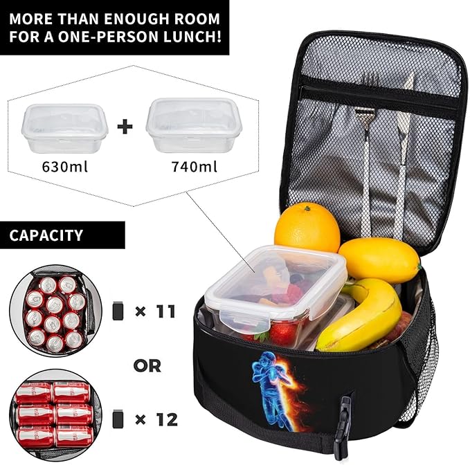 Football-themed Lunch Box Bag for Kids Teens Boys/Men, Sports LunchBoxes with Printing a Playing Blue Football Player Pattern, Reusable Tote Bag for Work School, Gifts for Birthday Christmas