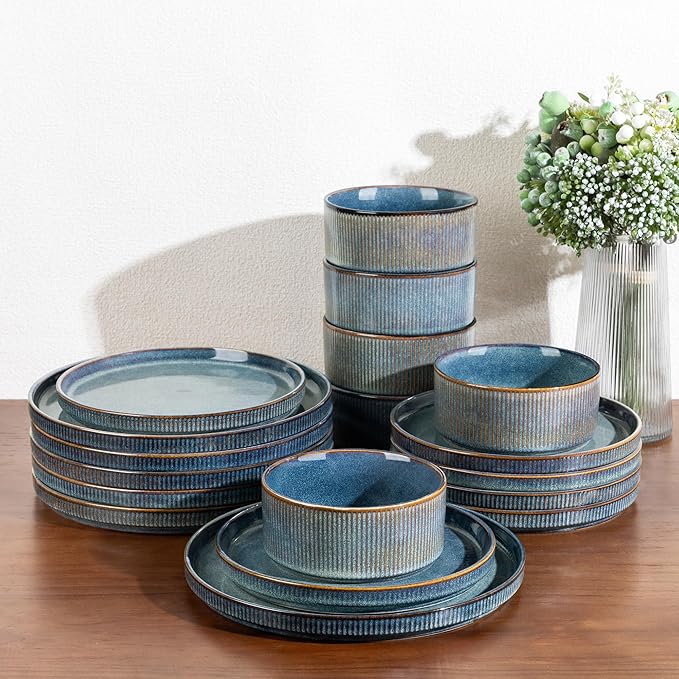 GBHOME Stoneware Dinnerware Sets for 6,Round Reactive Glaze Ceramic Plates and Bowls Set,Highly Scratch Resistant | Dishwasher & Microwave Safe Dishes Set,Service for 6(18Pcs),Ceylon Blue