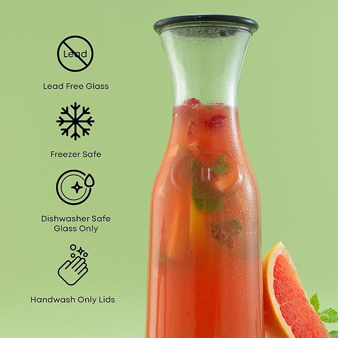 JoyJolt Glass Carafe with Lid, Set of 3 ??1 Liter Glass Pitcher for Mimosa Bar, Water, Iced Tea, Juice, Wine, Lemonade, Milk ??Dishwasher Safe Beverage Drink Dispensers for Brunch, Parties