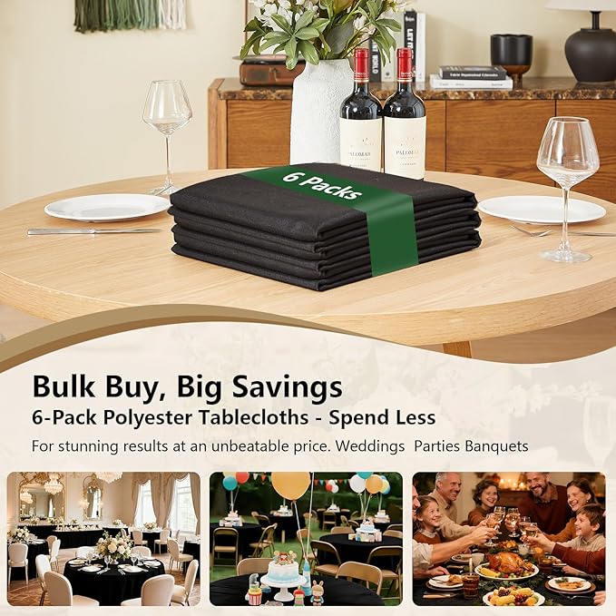 ITWMTTO 6-Pack Black Round Tablecloth 90 Inch - Polyester Fabric Table Cloth Round Table Cover for Round Tables - Reusable & Washable