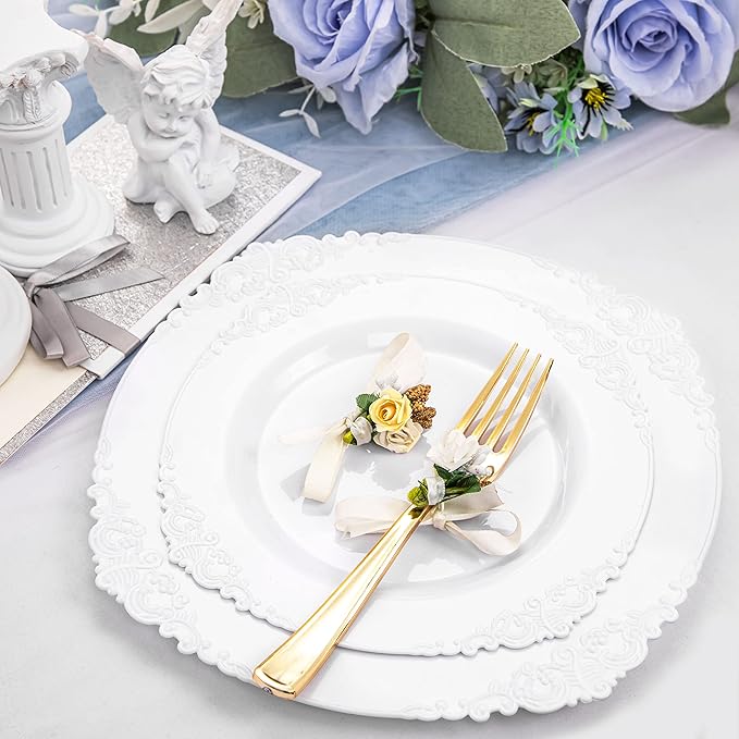 Morejoy 100PCS White Plastic Plates竊똚hite Disposable Plates竊똈nclude 50 Pieces 10.25 Inch Dinner Plates & 50Pieces 7.5 Inch Dessert Plates,Perfect for Weddings & Party