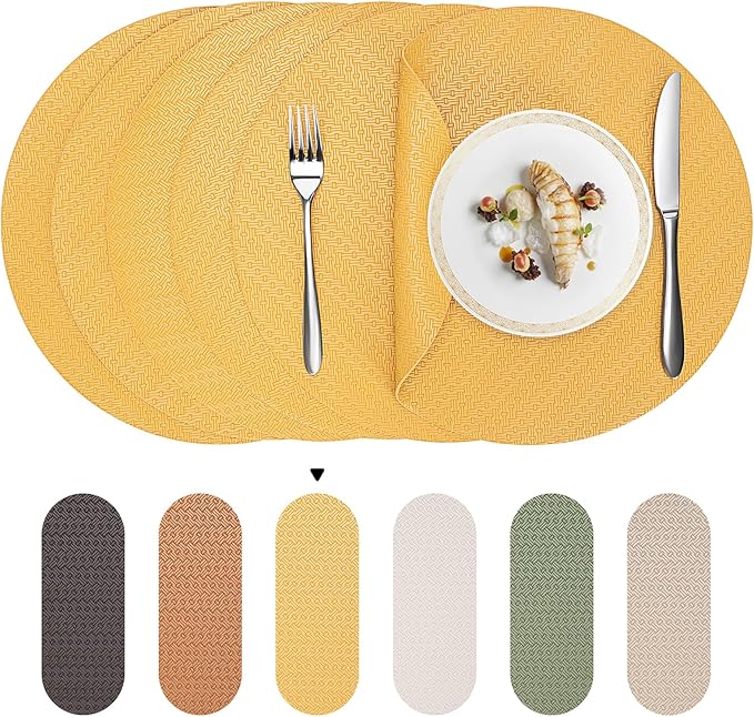 PROMATTOO Round Faux Leather Placemats Set of 4 ??13 Inch Vinyl Table Mats, Heat Resistant, Non Slip, Wipeable & Washable, Easy to Clean Dining Table Decor for Kitchen & Dining Room ??Golden Yellow