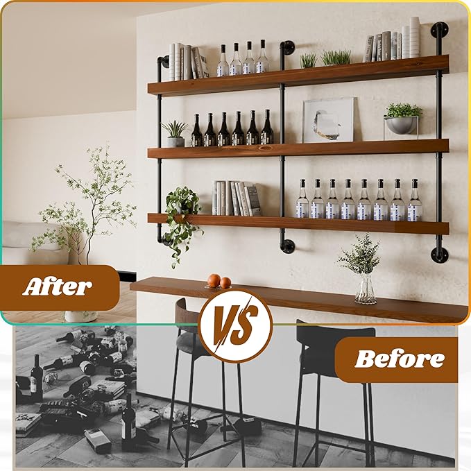 Industrial Wine Rack Wall Mounted, Solid Wood Shelf with Metal Pipe Brackets, 3-Tier Rustic Hanging Organizer for Wine Bottle Storage in Kitchen, Bar, Pub, Cellar(Walnut Brown, 60 Inch)