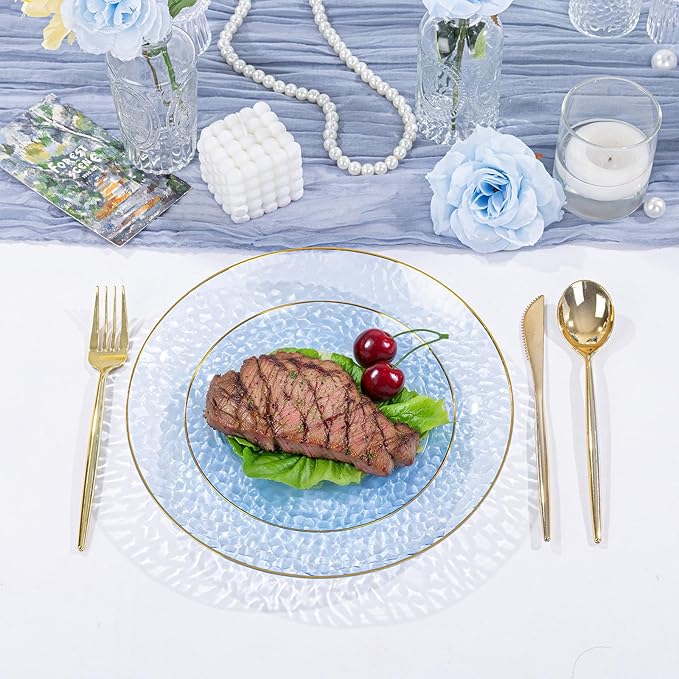 SUT 100Pcs Blue Plastic Plates, Hammered Plates Disposable Heavy Duty, Blue Disposable Plates With Gold Rim, Fancy Plastic plates Include 50 Dinner plate and 50 Dessert plates for Wedding