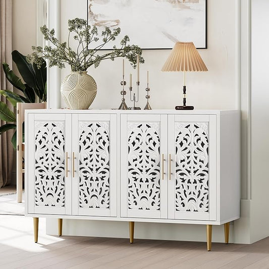 ARTPOWER 47.8" Accent Cabinet with 4 Doors, Vintage Hollow Carving Buffet Cabinet, Sideboards and Buffets with Storage, Credenza for Living Room, Kitchen, Dining Room, Entryway, Hallway, White