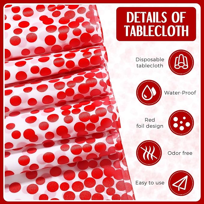 Tudomro 16 Pcs White and Red Disposable Plastic Tablecloths and Satin Table Runner Set 54x108 Inch Tablecloth 12x108 Inch Table Runners for New Year Wedding Birthday Baby Shower Graduation