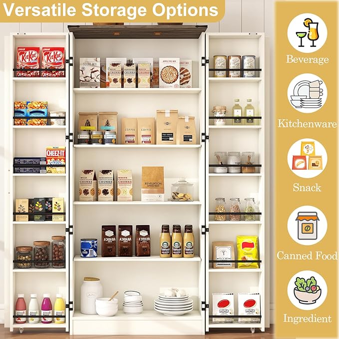 Tall Kitchen Pantry Cabinet: 67" Farmhouse Pantry Cabinet for Kitchen Storage, Off White Cupboard with 2 Barn Doors, Wood Food Storage Cabinets with Shelves (White)