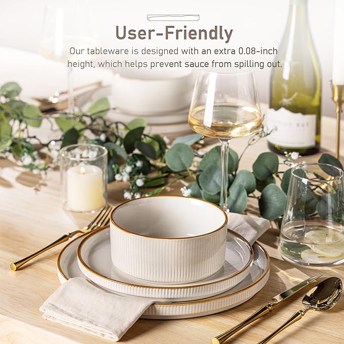 GBHOME Stoneware Dinnerware Sets for 6,Round Reactive Glaze Ceramic Plates and Bowls Set,Highly Scratch Resistant | Dishwasher & Microwave Safe Dishes Set,Service for 6(18Pcs),Pearl White