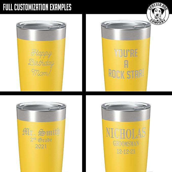 Personalized 20oz (17 Colors) Powder Coated Insulated Stainless Steel Tumbler with Lid, Custom Etched, Customized Text Message Name, Engraved Gift Idea Women Men Him Her, Your Text Here (Yellow)