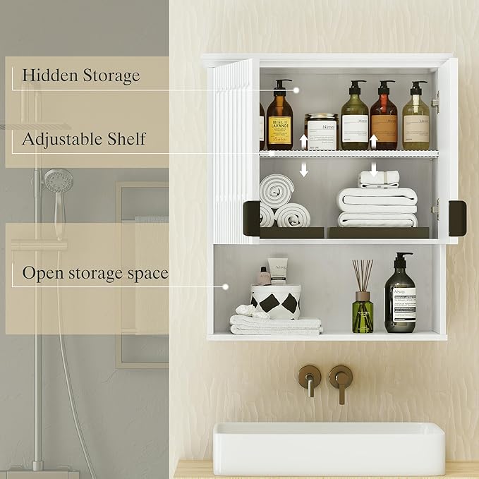 FLOWBACK Wall Mount Bathroom Cabinet, Wooden Medicine Cabinet Storage Organizer with Fluted Doors and Adjustable Shelf, Over The Toilet Space Saver Storage Cabinet (White)