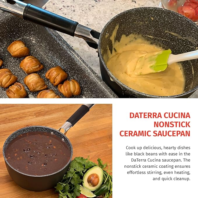 DaTerra Cucina - 2.6 Qt Nonstick Ceramic Saucepan with Lid ??Induction Compatible Cooking Pot, Nonstick Ceramic Sauce Pan for Soup, Pasta, Milk, and More, Medium Size for Kitchen, Oven Safe