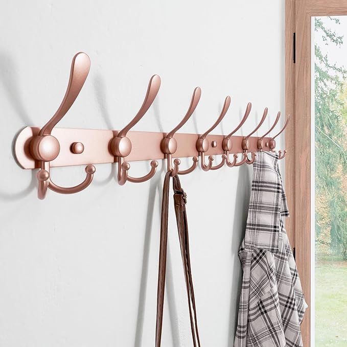 Dseap Coat Rack Wall Mount - 29.5??Long 8-Tri-Hooks Heavy Duty Coat Hanger Rail Wall Hooks for Hanging Coats Hats Clothing Clothes Purse Mudroom Entryway, Rose Gold, Pack of 2