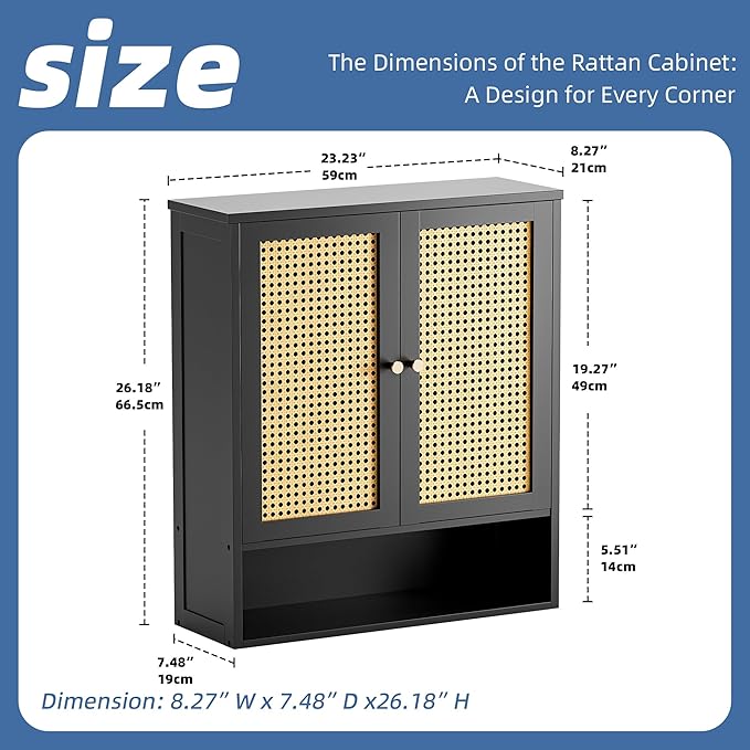 HITNET Wall Cabinet, Bamboo Medicine Cabinet with Rattan Doors and Adjustable Shelf, Bathroom Hanging Storage Organizer Over Toilet for Small Space (Black)