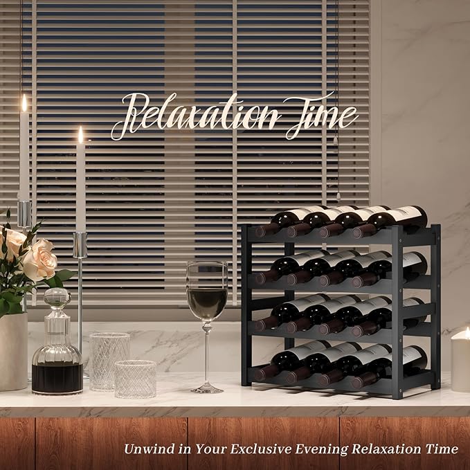 Wine Rack竊똁amboo Wine Storage Cabinet Shelf竊똂ountertop Wine Shelf- Freestanding Wine Holder for Kitchen & Pantry (Black, 4-Tier)