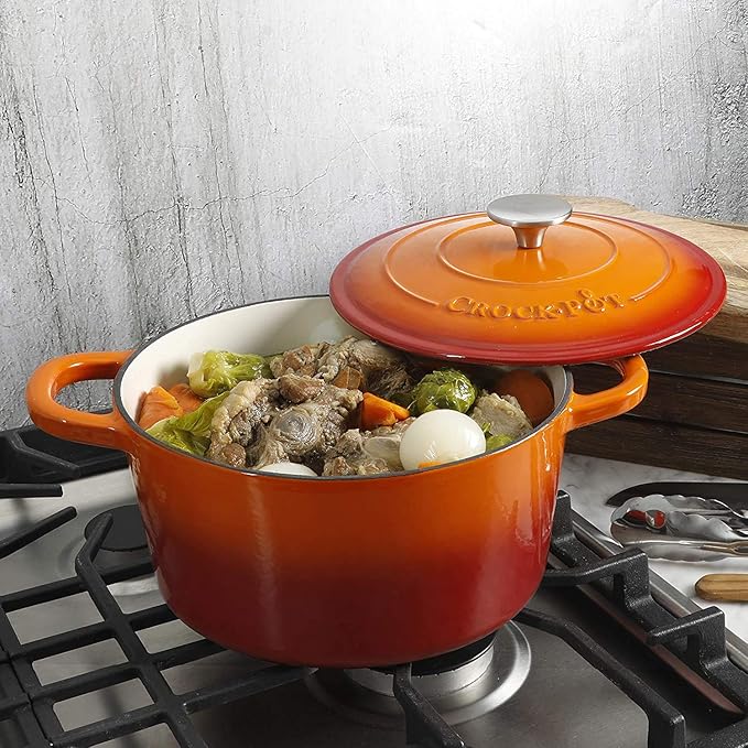 Crock-Pot Artisan 5-Quart Round Enameled Cast Iron Dutch Oven ??Sunset Orange, Durable Heavy-Duty Cookware for Slow Cooking, Roasting, Baking with Lid