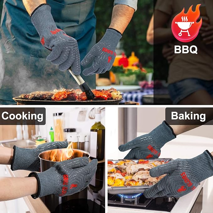 QUWIN BBQ Gloves, Oven Gloves 1472??Extreme Heat Resistant, Grilling Gloves Silicone Non-Slip Oven Mitts, Kitchen Gloves for BBQ, Grilling, Cooking, Baking-1 Pair??(Grey, One Size(Long Cuff))