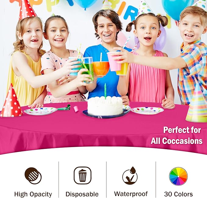 Party Solids 6-Pack Premium Plastic Tablecloth 84in. Round Plastic Table Cover - Cerise