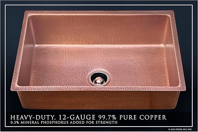 Luxury 30" Heavy 12-Gauge Hammered Copper Undermount/Drop-In Kitchen Sink, Includes Antique Copper Grid, Flange, Medium Patina, FSW1115