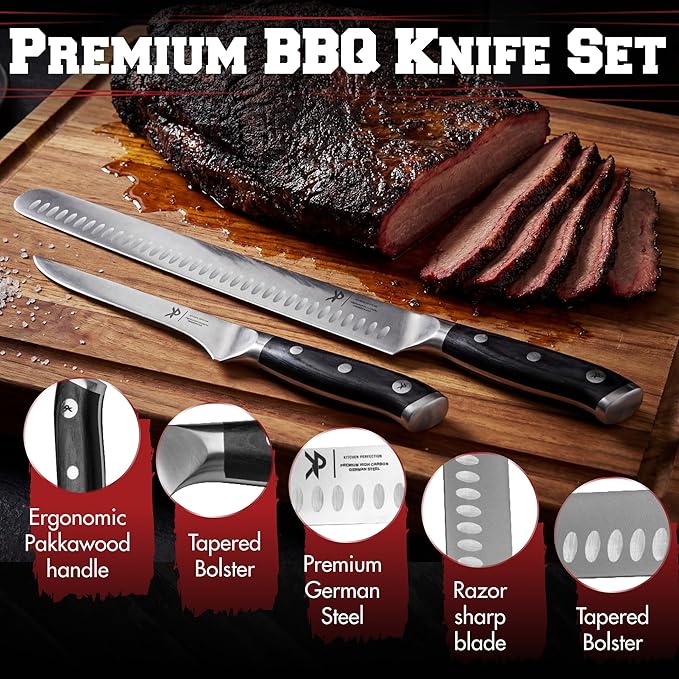 Kitchen perfection BBQ Carving Set for Meat -12??Brisket Slicing Knife +6??Boning Knife with Sheaths - Razor Sharp, Premium German Steel, Full Tang Ergonomic Handles- Perfect Grilling Gifts for Men