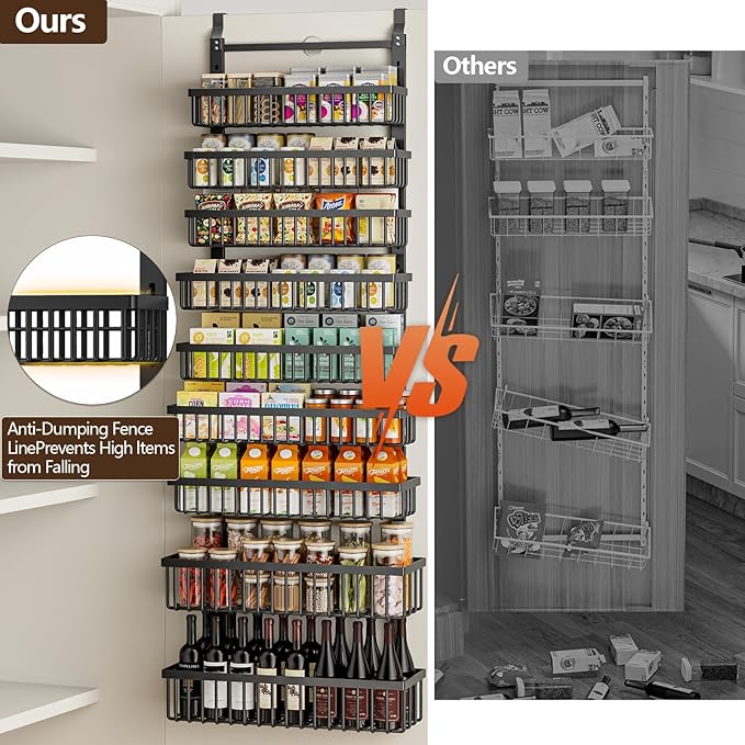 9 Tier Over The Door Pantry Organizer, 2 in 1 Wall Mount or Hanging Spice Rack with Adjustable Basket, Seasoning Organizer and Storage for Kitchen Cabinet Closet Bathroom